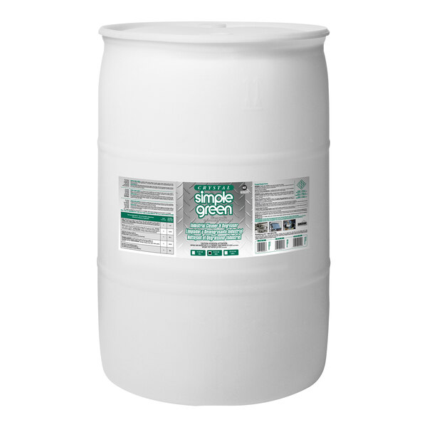 A white plastic container with a green label for Simple Green Crystal 55 Gallon Concentrated Industrial Cleaner and Degreaser.