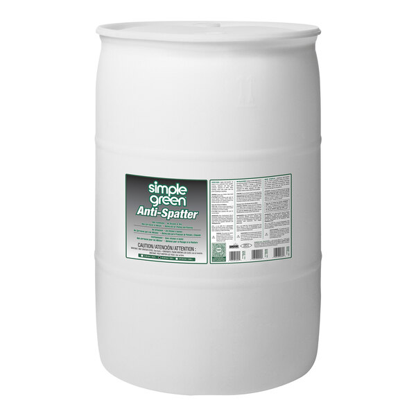A white drum with a label that says "Simple Green Anti-Spatter Welding Protection" in green text.