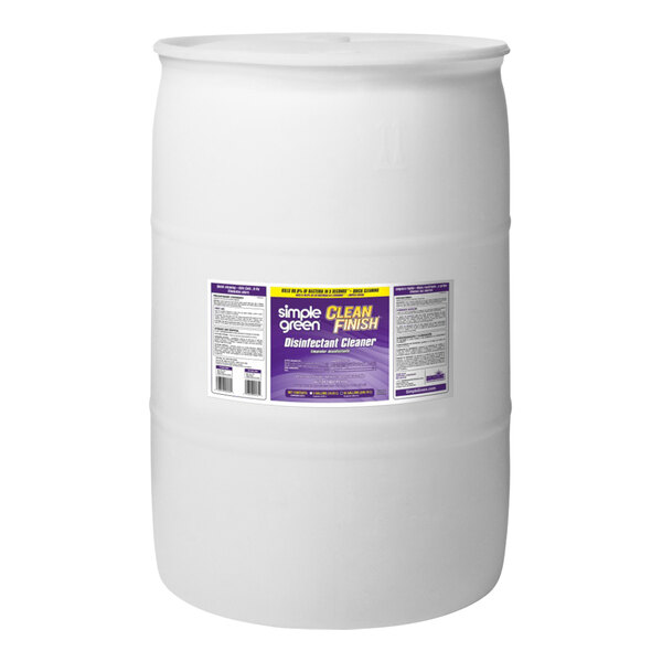 A white drum with a purple label for Simple Green Clean Finish 55 gallon mint scented disinfectant cleaner.