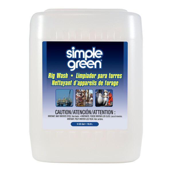 A white container of Simple Green 5 Gallon Concentrated Rig Cleaner and Degreaser with a blue and white label.