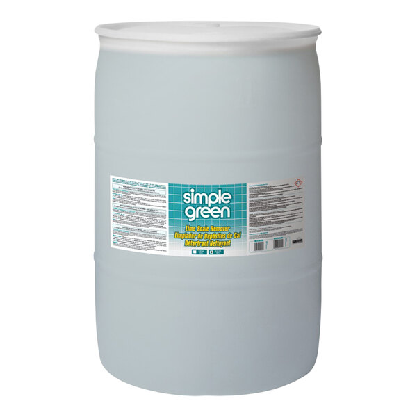 A white plastic container of Simple Green Lime Scale Remover with a white label.