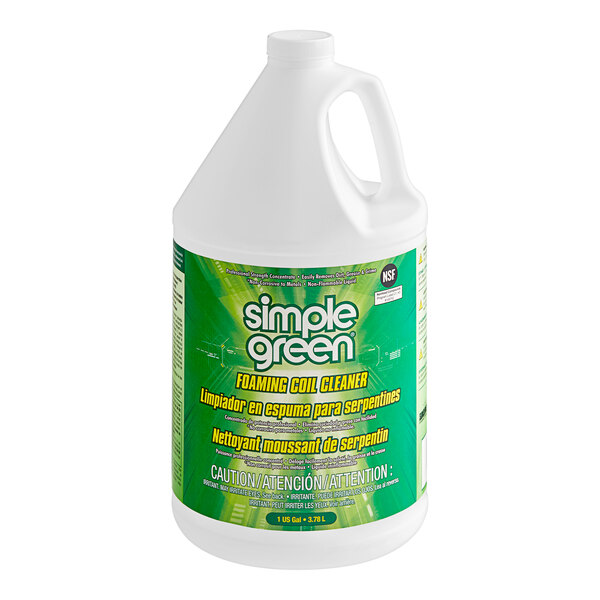 A white container of Simple Green foaming coil cleaner with a green label.