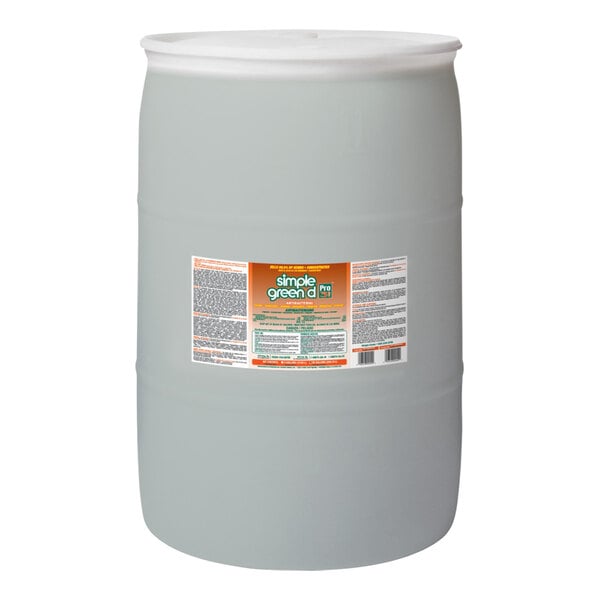 A white plastic barrel with a label for Simple Green D Pro 3 Plus 55 Gallon Sweet Lavender Pine Scented Concentrated Antibacterial and Disinfectant Cleaner.