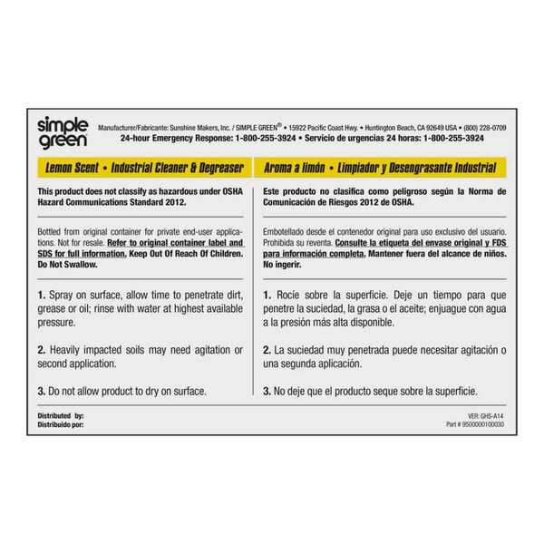 A close-up of a Simple Green Lemon Scented Industrial Cleaner and Degreaser bilingual label.
