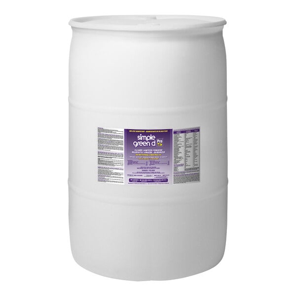 A white plastic barrel with a label for Simple Green D Pro 5 55 Gallon Disinfectant Cleaner.