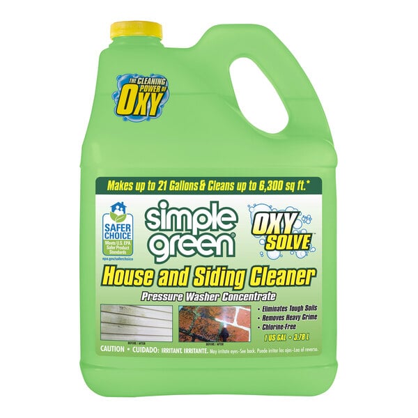 A green plastic jug of Simple Green Oxy Solve Concentrated Pressure Washer House and Siding Cleaner with a white label.