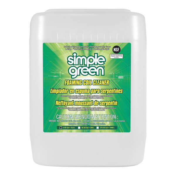 A white container of Simple Green 5 Gallon Concentrated Foaming Coil Cleaner with a green and white label.