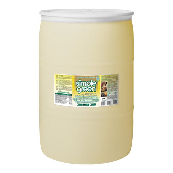 A white container of Simple Green lemon-scented industrial cleaner with a yellow label.