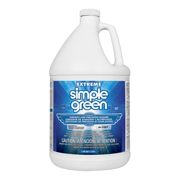 A white jug of Simple Green Extreme Aircraft and Precision Cleaner with a blue label.