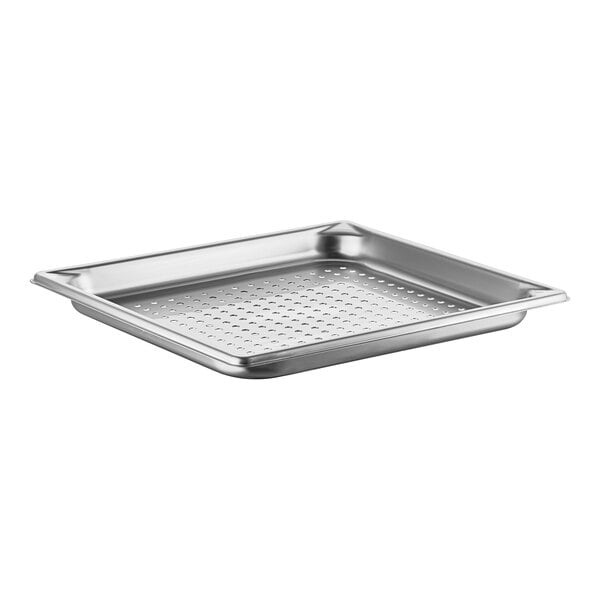 A Vollrath stainless steel 2/3 size steam table pan with holes in it.
