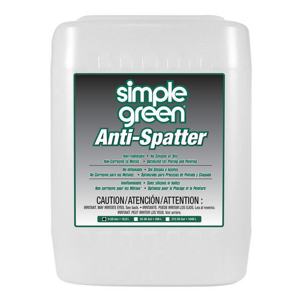 A white container of Simple Green Anti-Spatter Welding Protection with a white label and grey text.