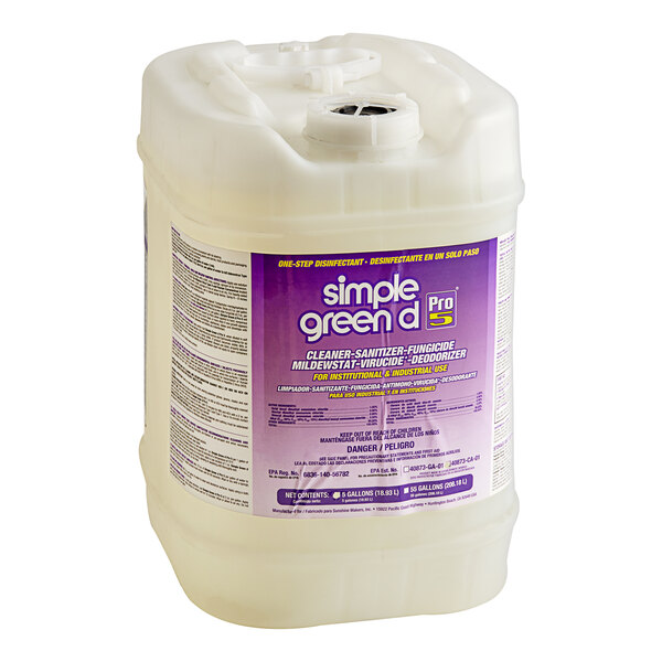 A white container of Simple Green D Pro 5 concentrate with a purple label.