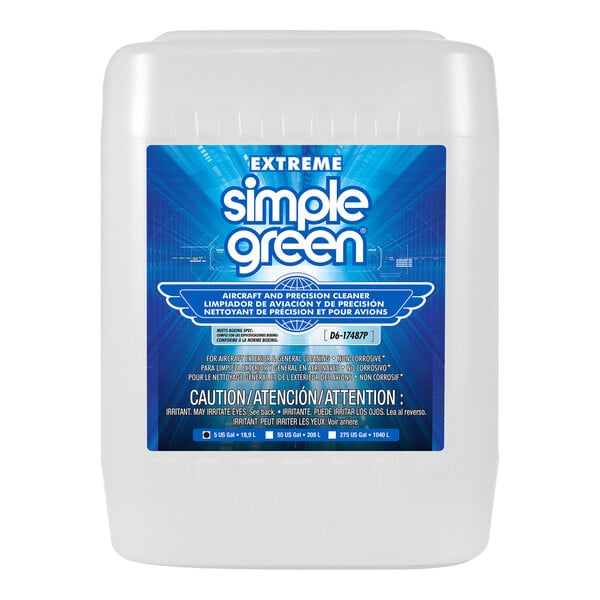 A white 5 gallon container of Simple Green Extreme Aircraft and Precision Cleaner with a blue and white label.