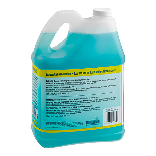 A blue plastic jug of Simple Green Concentrated Shower, Tub, and Tile Cleaner with a label.