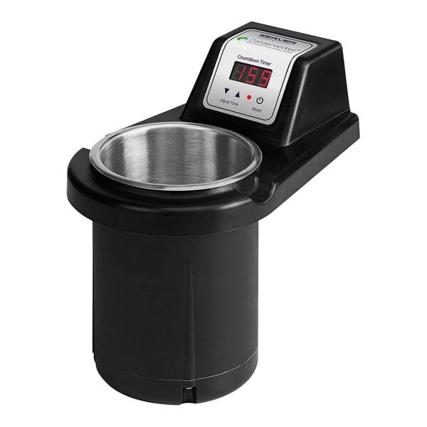 A black and silver Server ConserveWell heated drop-in utensil holder with a timer on a counter in a professional kitchen.