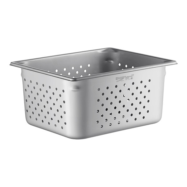 A silver metal 1/2 size steam table pan with holes.