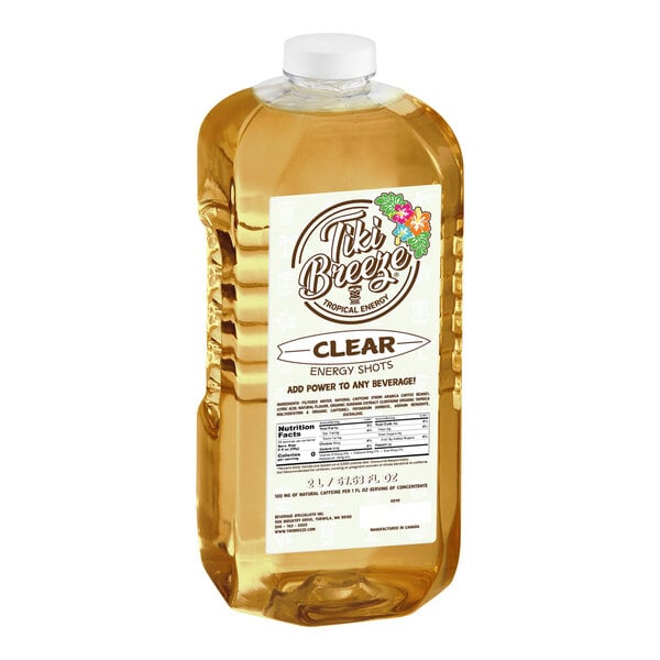 A large 67.6 fl. oz. bottle of Tiki Breeze Clear Energy Shots concentrate.