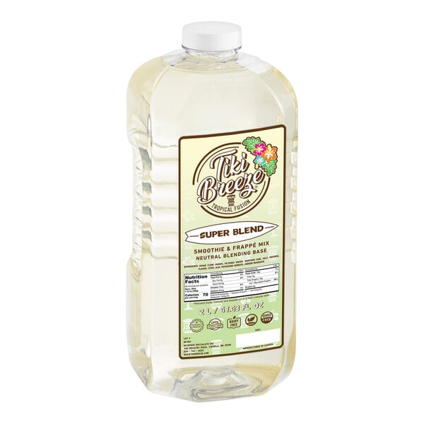 A close-up of a Tiki Breeze Super Blend Smoothie and Frappe Base bottle with a white cap.