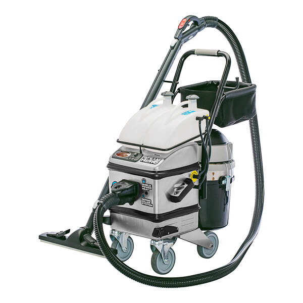A Blue Evolution Steam Hero portable dry steam vacuum cleaner on wheels with a white container and hose.