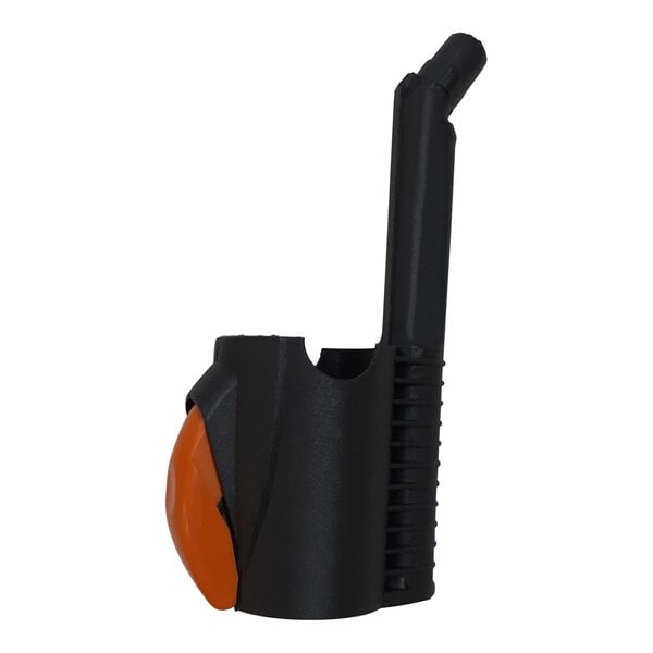 A close up of a black and orange object with an orange lever.