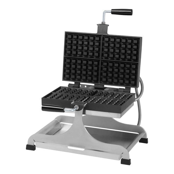 A Krampouz Brussels style waffle maker with many square waffles on the tray.