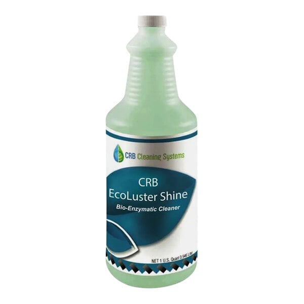 A close-up of a bottle of CRB Cleaning Systems EcoLuster LVTShine bio-enzymatic floor cleaner with green liquid inside.