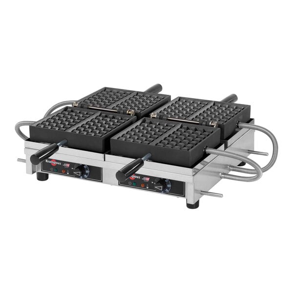 A Krampouz Liege style double Belgian waffle maker with four plates.