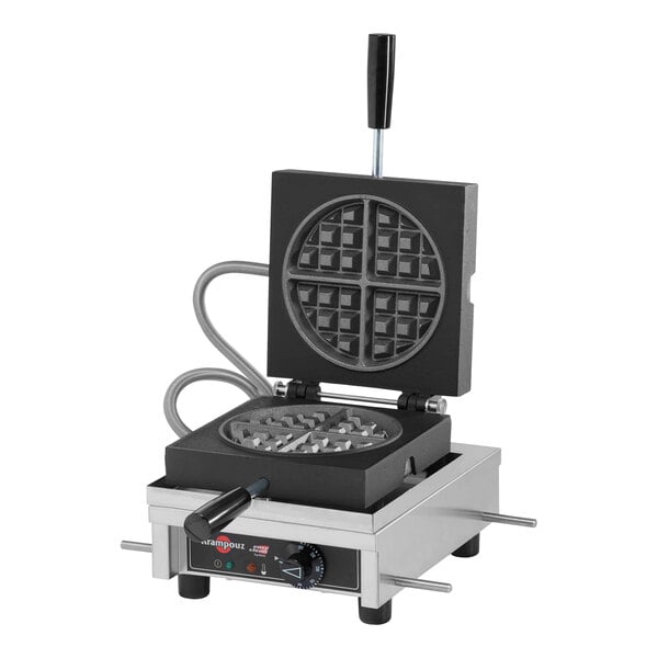 A Krampouz round Brussels style Belgian waffle maker with a black handle.