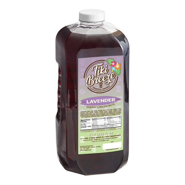 A large plastic jug of Tiki Breeze Lavender Tiki Energy Concentrate on a white background.
