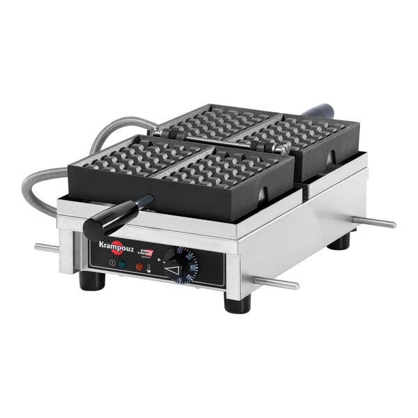 A Krampouz Liege style Belgian waffle maker on a counter with waffles.