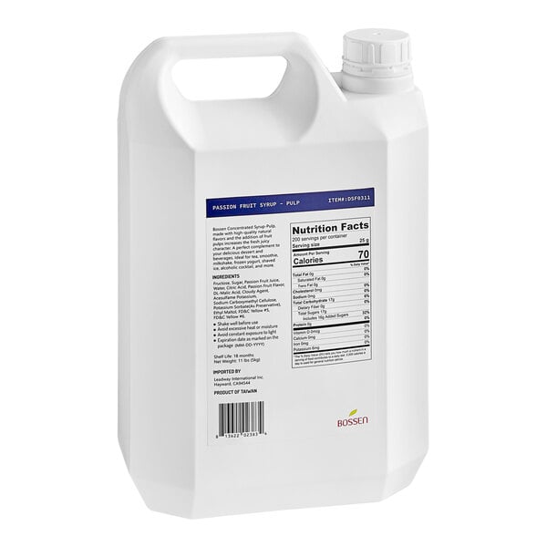 A white plastic container of Bossen Passion Fruit Concentrated Syrup with Pulp with a label.