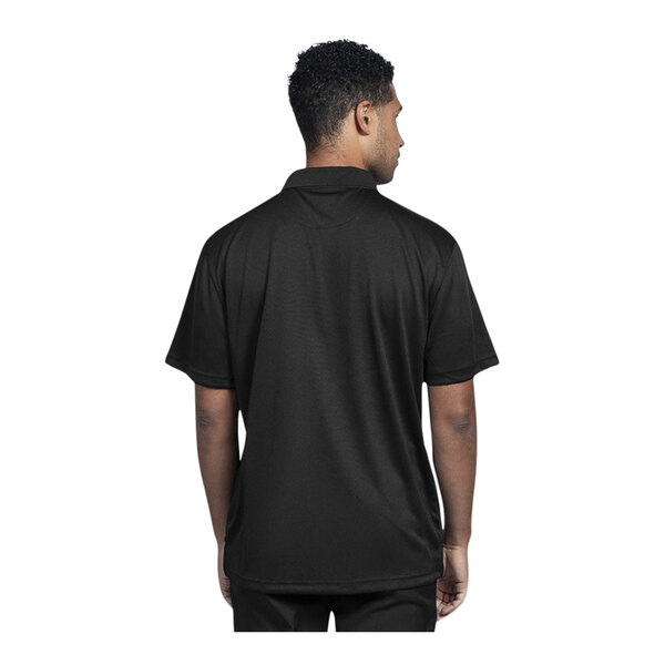 A man wearing a black Uncommon Chef short sleeve polo shirt.