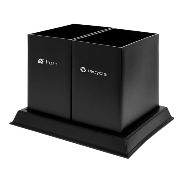 Two black rectangular CSL reCollect storage bins with white text on them in a black base.