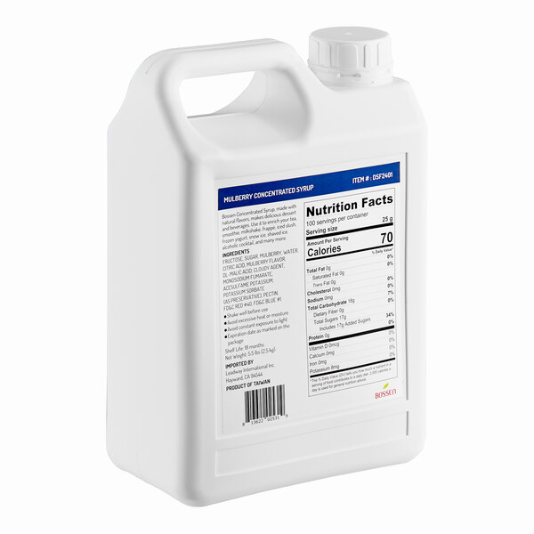 A white container of Bossen Mulberry Concentrated Syrup with a blue and black label.