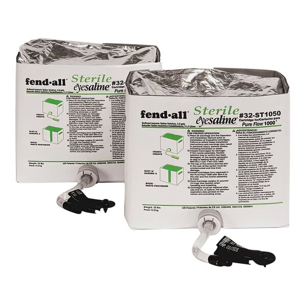 Two white boxes of Honeywell Fendall Pure Flow 1000 Eyesaline refill cartridges with silver foil labels.