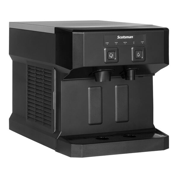 A black Scotsman Meridian combination nugget ice and water dispenser on a counter with push buttons.