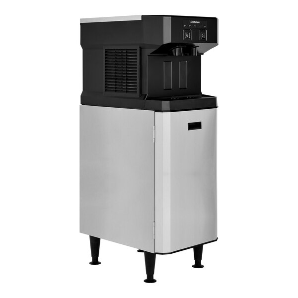 A black and silver Scotsman Meridian ice machine with a black and silver cabinet stand.