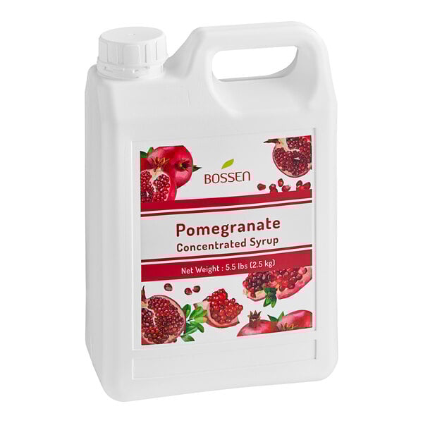 A white jug of Bossen Pomegranate Concentrated Syrup with a label.