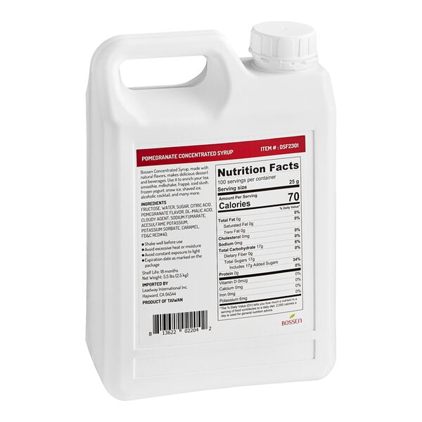 A white Bossen container of Pomegranate Concentrated Syrup with a label.