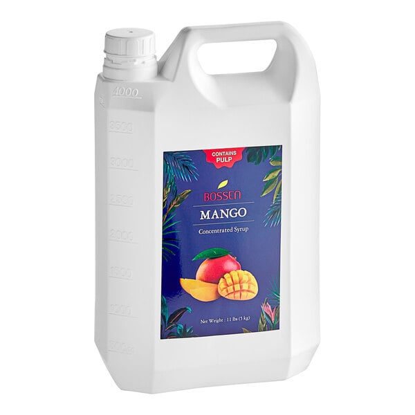 A white jug of Bossen Mango Concentrated Syrup with Pulp with a blue label.