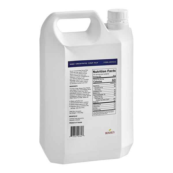 A white plastic gallon of Bossen Mango Concentrated Syrup with Pulp.