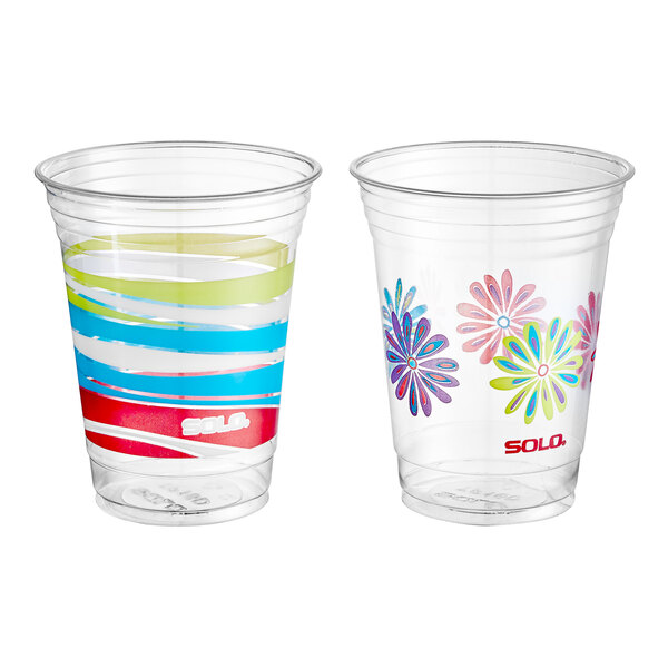 Two Solo RPET plastic cups with colorful floral and striped designs.