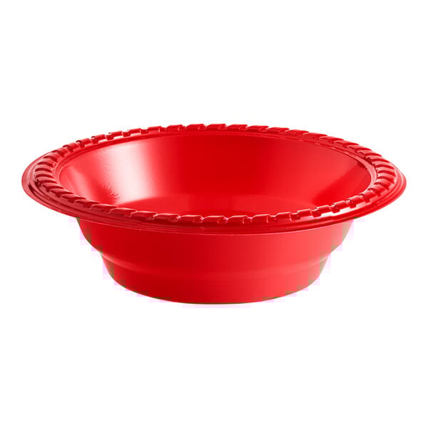 A red Solo plastic bowl with a rim.