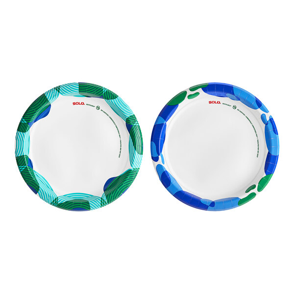 Two Solo paper plates, one blue and one green, with different ripples and sea glass patterns.