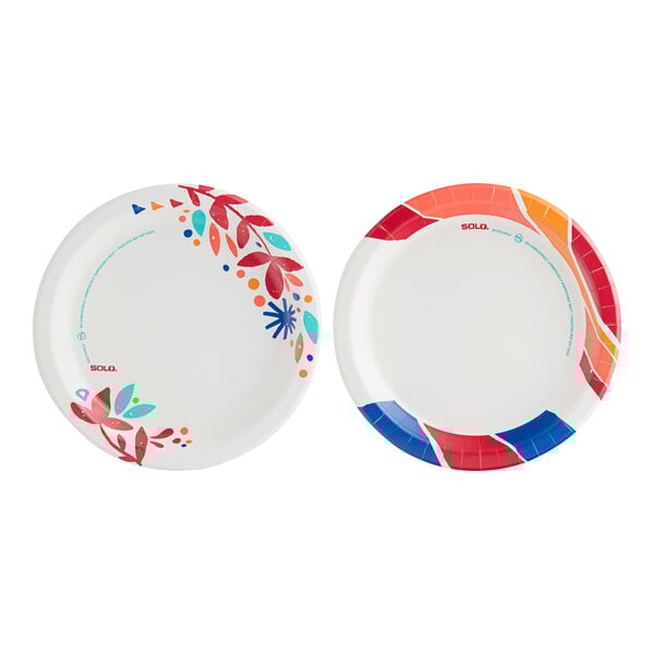 A Solo paper plate with colorful designs on it.