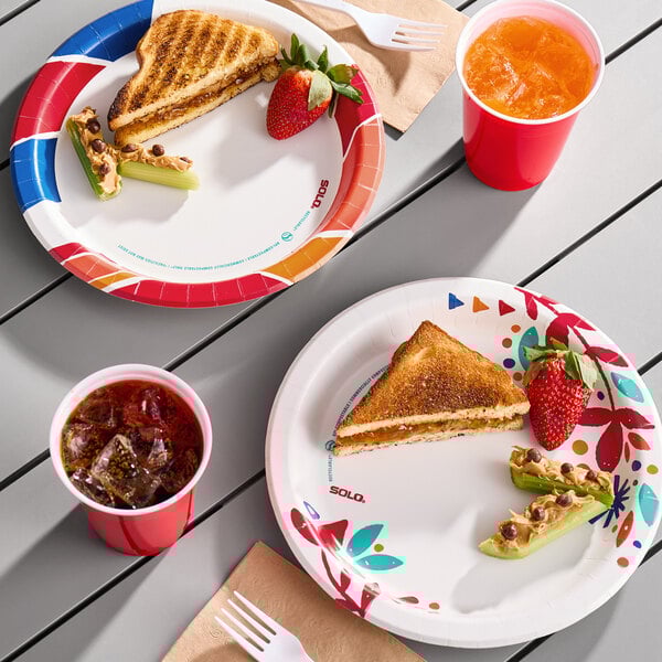 A set of colorful Solo AnyDay 10-inch paper plates with food, shown alongside red plastic cups and napkins on a table.