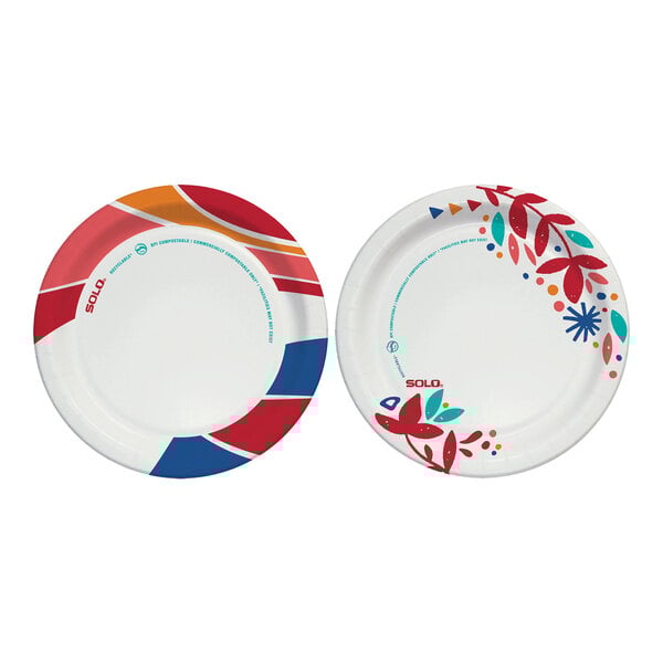 A pair of round disposable paper plates with colorful assorted patterns, one featuring abstract wavy shapes and the other with floral designs.