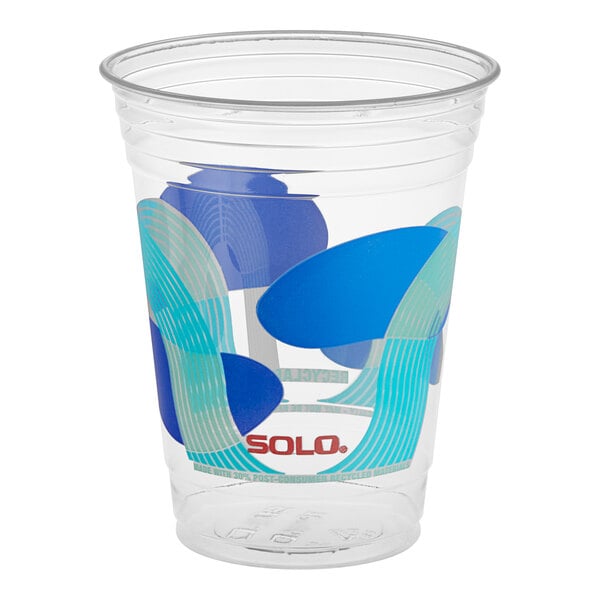A Solo clear plastic cup with blue and white designs and the word "Solo" in a blue circle.