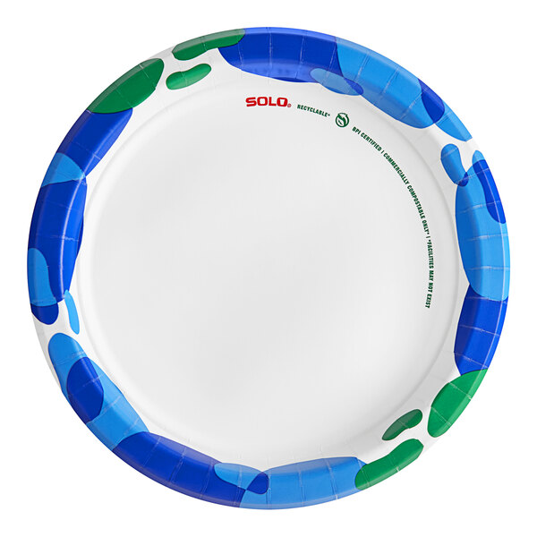 A Solo white paper plate with a blue and green design.