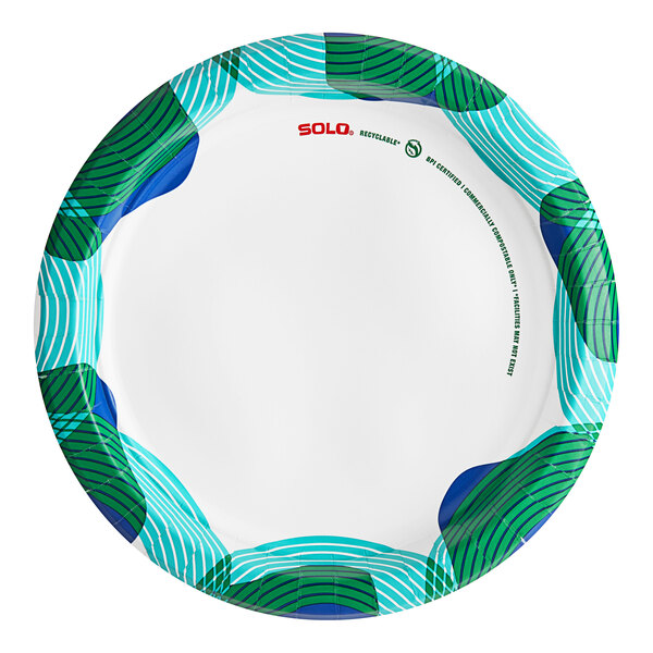A Solo paper plate with a blue and green round ripples pattern.